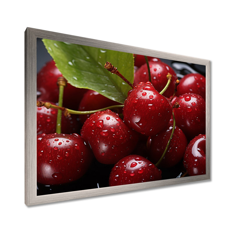 Cherry Macro Food - impressions sur toile cerise, Cadre simple argenté, H 34 po x l 44 po x P 1,5 po
