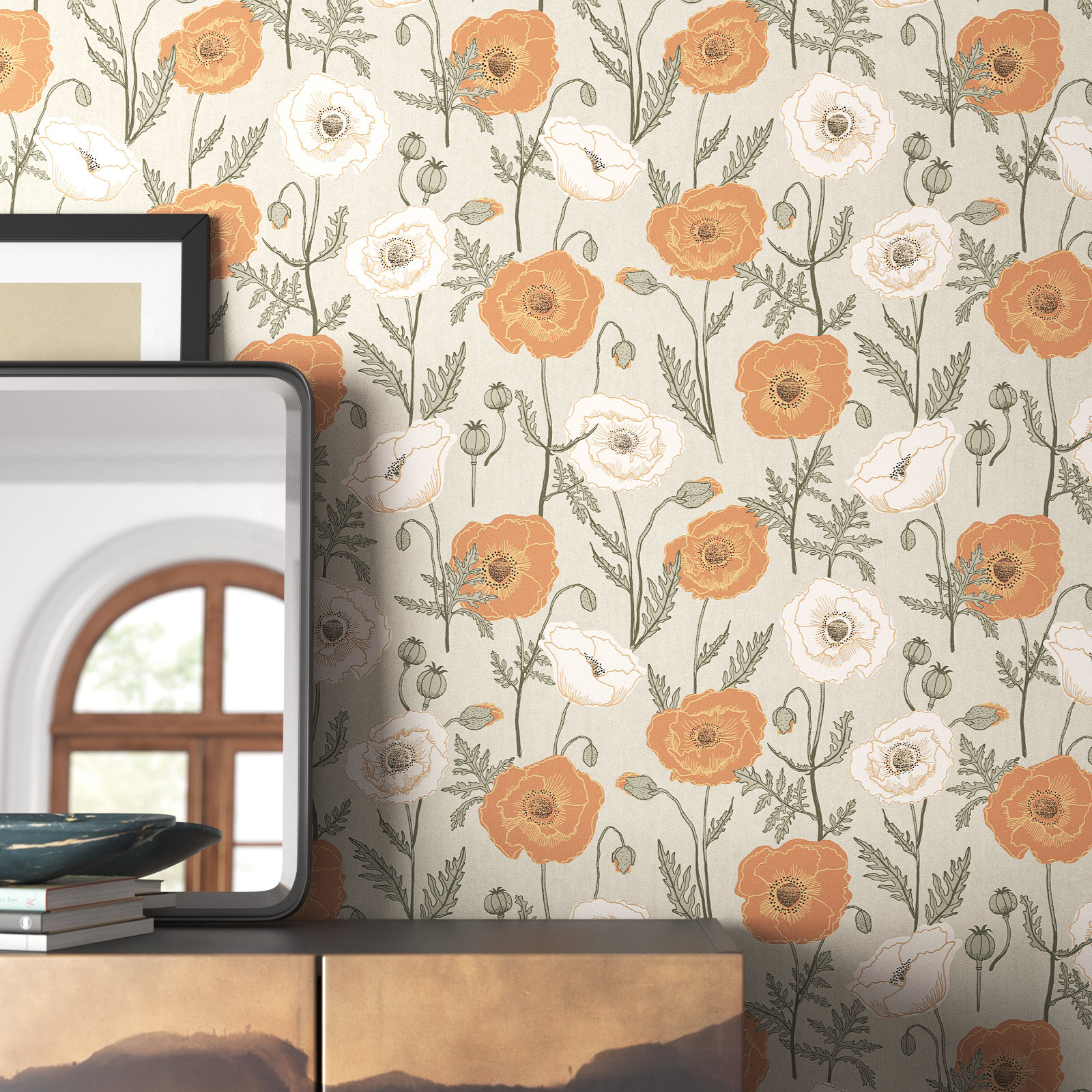 Kerin Peel & Stick Floral Wallpaper, Orange/Gray