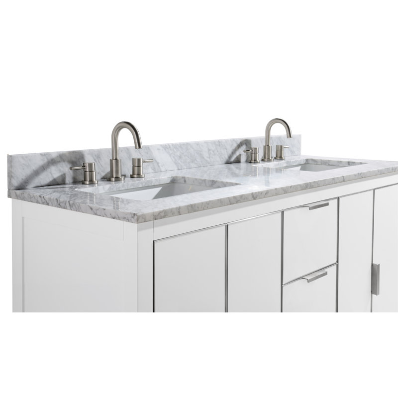 Meuble-lavabo double 61 po Salise, Marbre blanc de Carrare / argent, Blanc