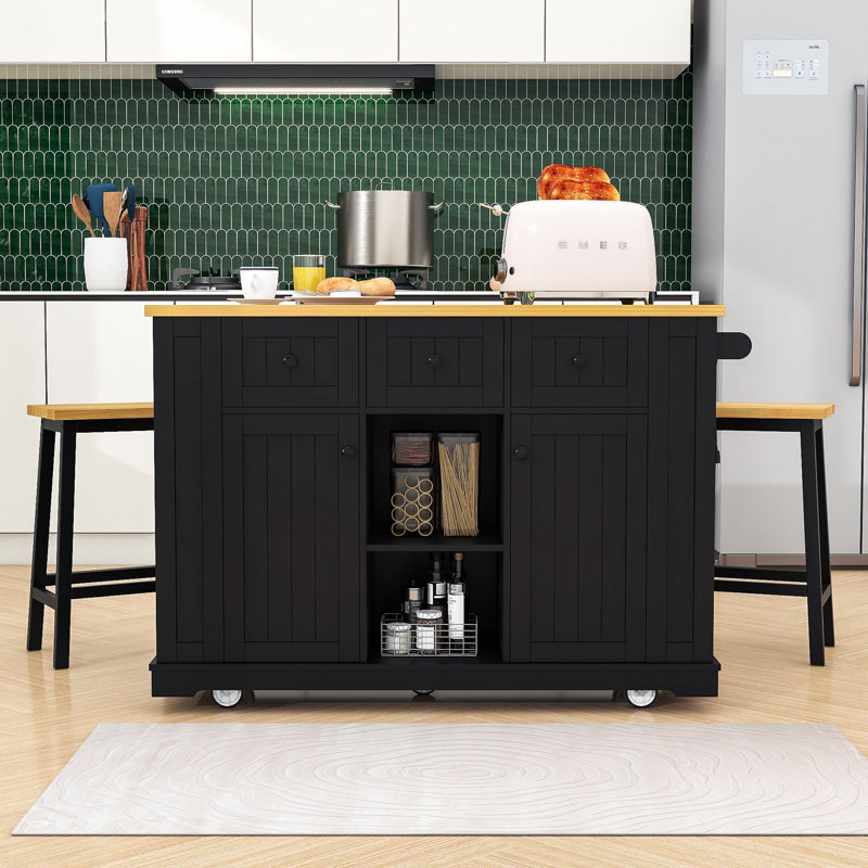Kitchen Island Set with 2 Bar Stools, Integrated Power Outlets and Expandable Storage, Black