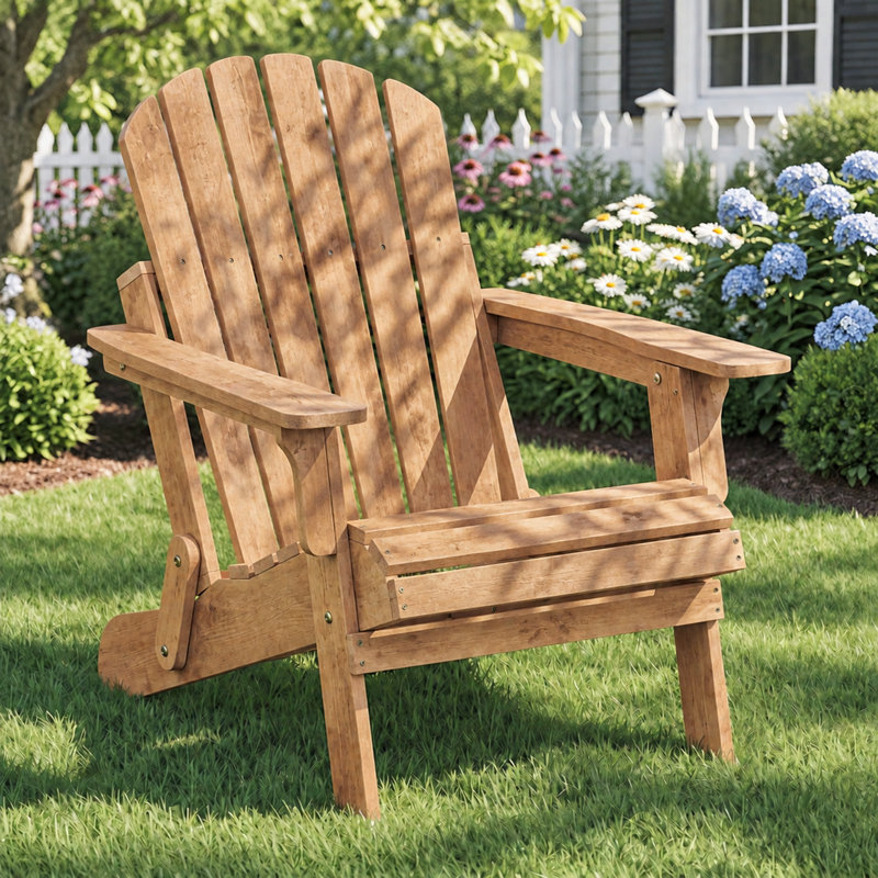 Chaise Adirondack classique de style côtier en bois de pruche massif avec cadre pliable, Six lattes, Marron clair