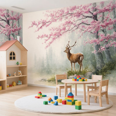Papier peint adhésif Grand cerf debout sous un cerisier en fleurs Misty Forest, papier autocollant amovible pour décoration murale, salon, 100 po x l 144 po