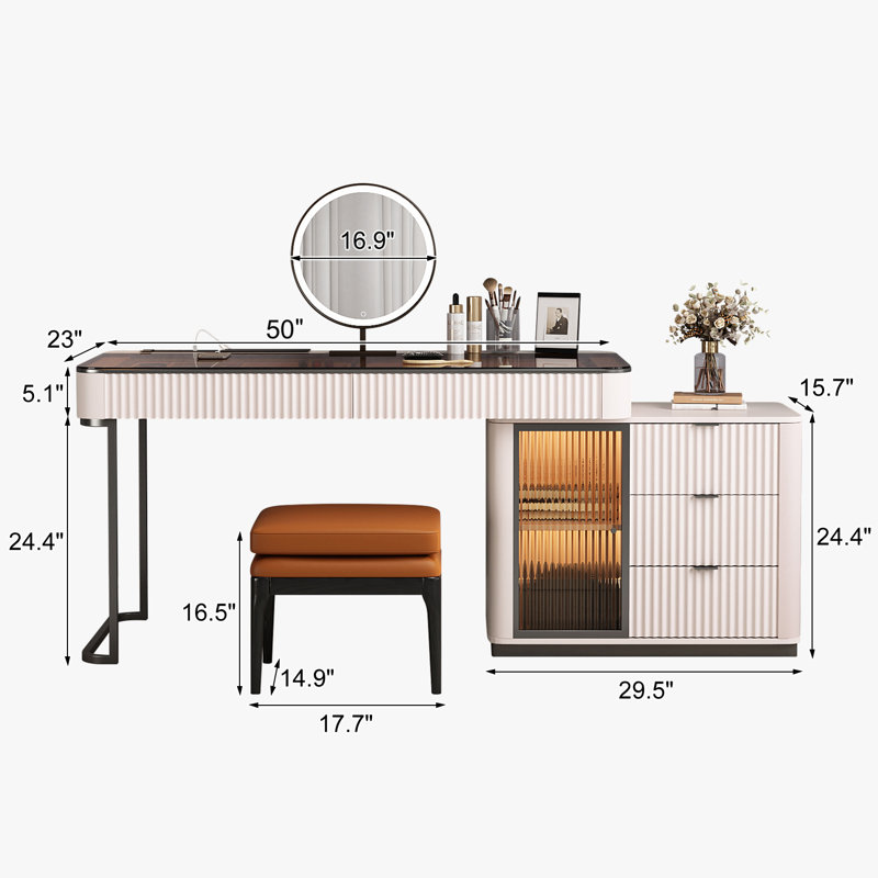 Ensemble de meuble-lavabo de maquillage Nhia, Beige, L 50 po x P 23 po x H 29,5 po