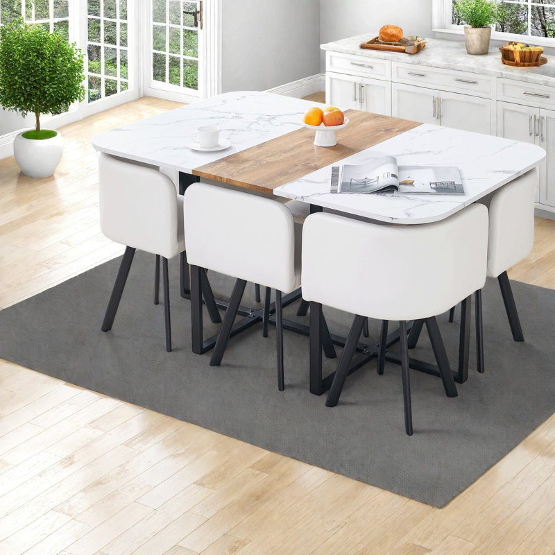 Ensemble de table de salle à manger en MDF en marbre moderne avec chaises en cuir PU, conception peu encombrante pour les repas de famille