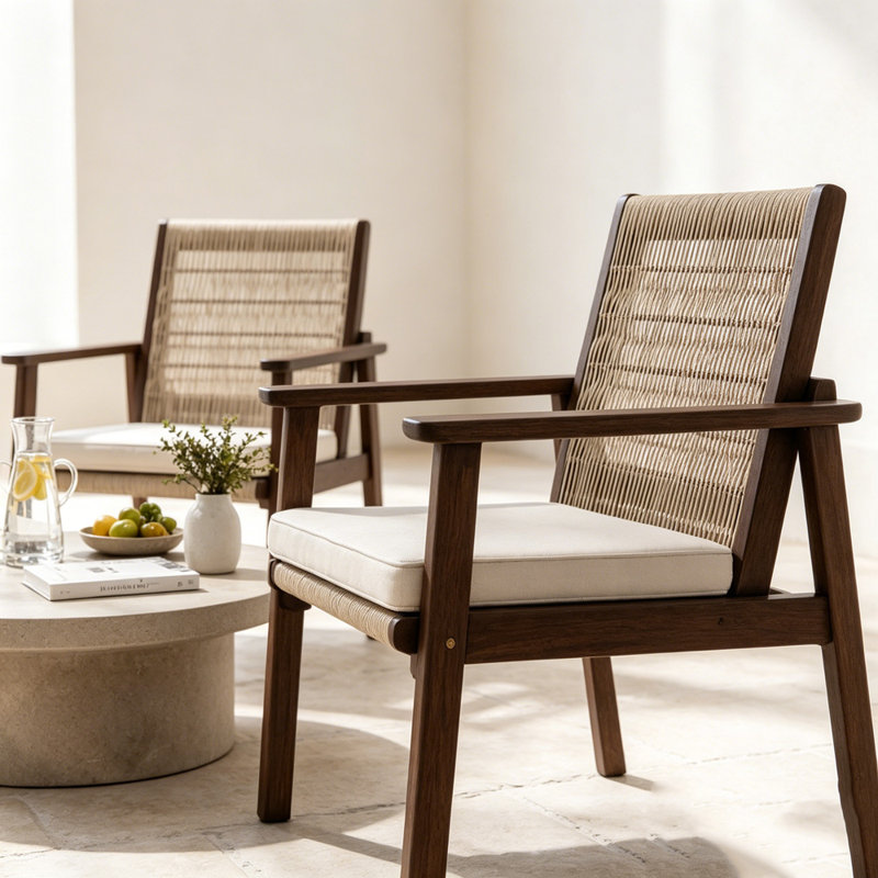 Chaise de salle à manger d'extérieur, chaises de patio en bois d'acacia et rotin tissé en osier, siège de fauteuil d'extérieur