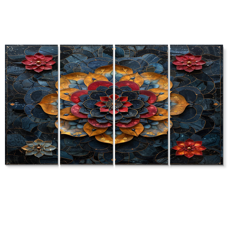 Fleur de lotus rouge, pétales dorés - ensemble de décoration murale mandala boho 4 pièces, H 28 po x l 48 po