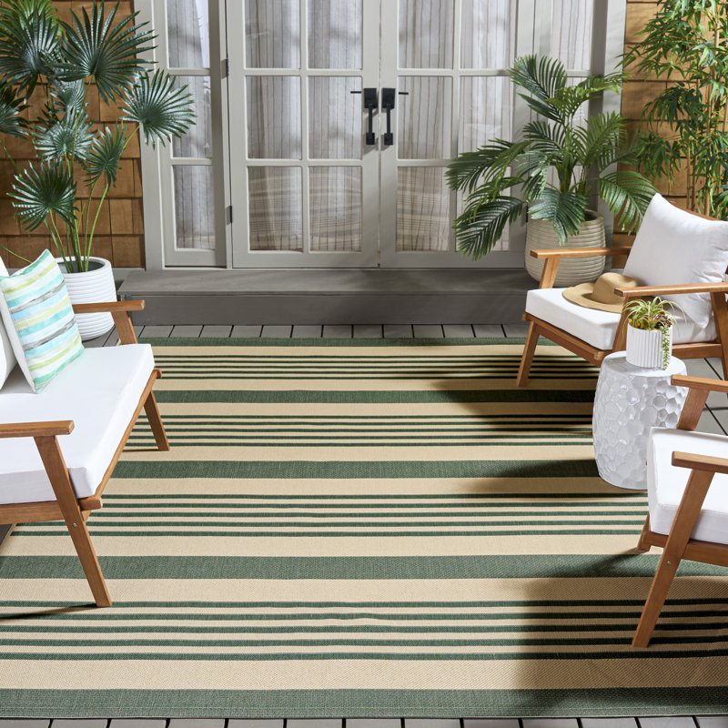 Tapis rayé beige / vert intérieur / extérieur Aiken, Rectangulaire 8 pi x 10 pi