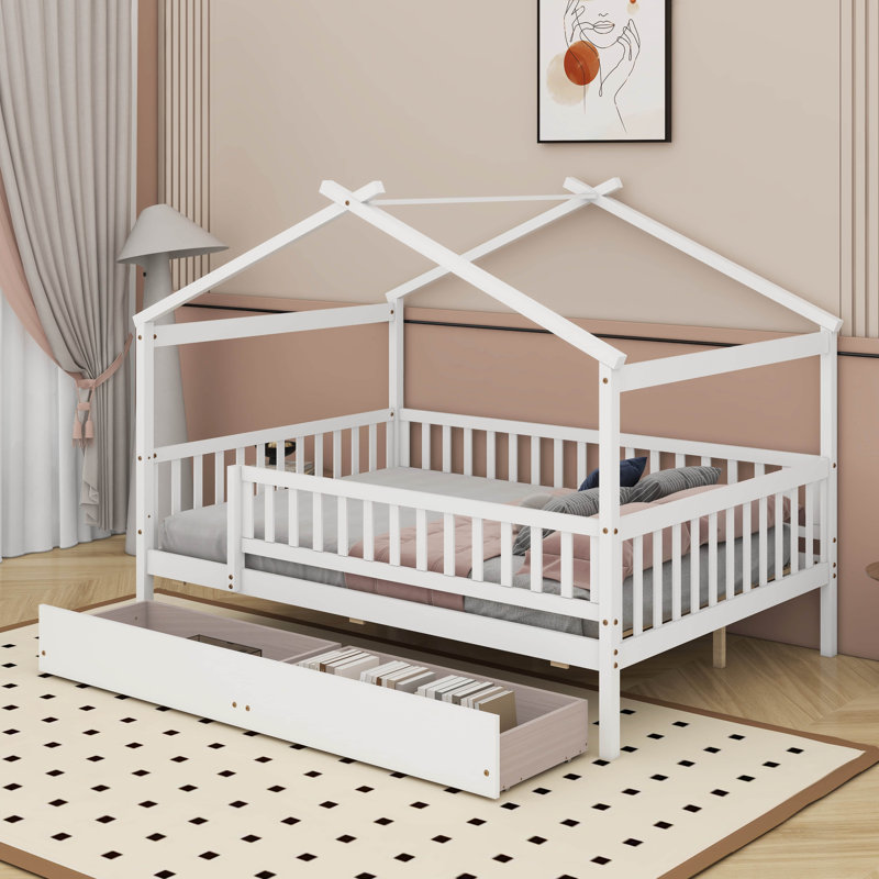 Lit double en bois avec tiroirs, Blanc