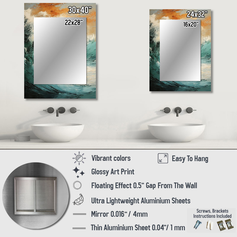 Modern Coastal Blue And Gold Wave - Ocean Unique Mirror, Beige Large Wall Mirror, Printed Metal Art, 32" x 24"