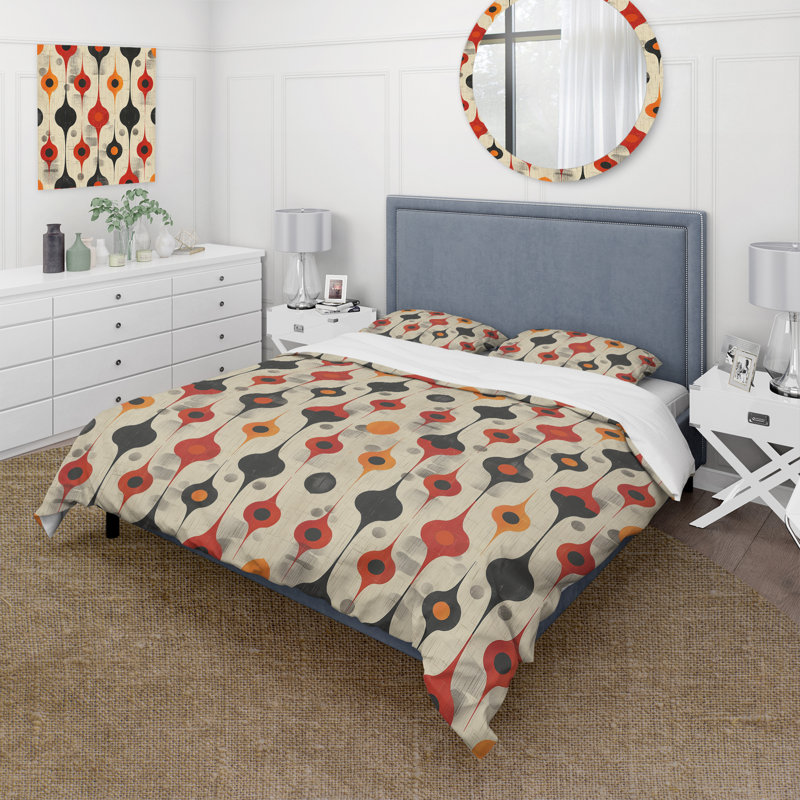 Ensemble de housse de couette orange et vert quadrilobe Elegance II - Mid-Century