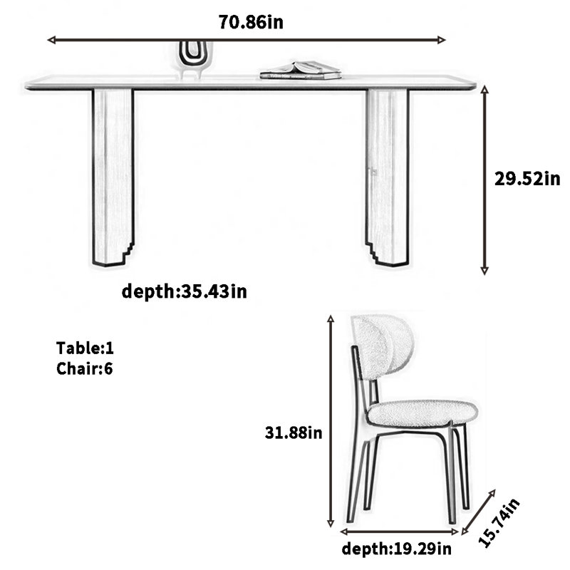 Ensemble de table et de chaises style rétro français, H 29,52 po x L 70,86 po x l 35,43 po