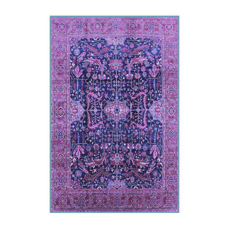 Tapis oriental en laine / polyester tissé à la machine bleu foncé / mauve, Rectangle 5 pi x 7 pi