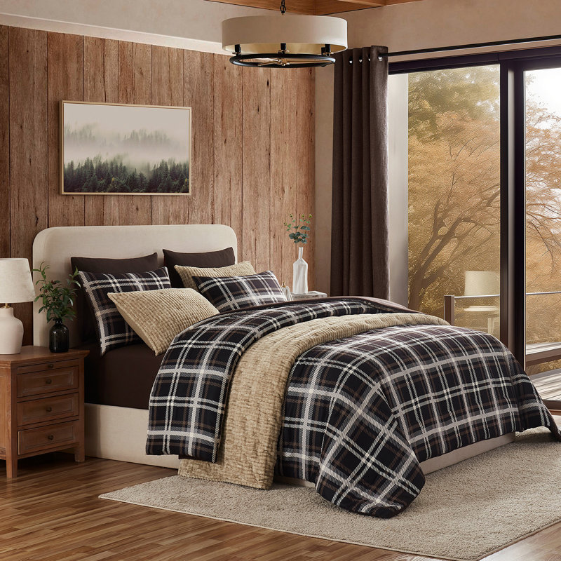 Merveilleux ensemble d'édredon en faux cachemire à motif géométrique écossais classique avec texture à chevrons, Marron foncé
