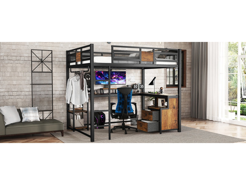 Queen Loft Bed With Desk And Storage Non-Woven Fabric Drawers, Metal Loft Bed Frame With Ladders, Nosie-Free