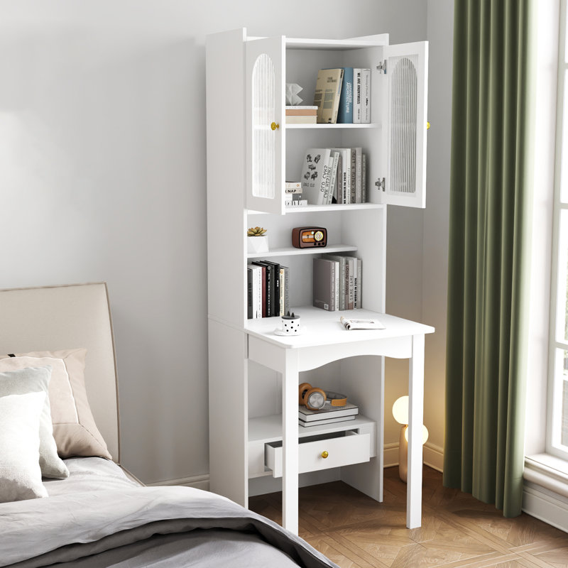 Multi-Function Desk Cabinet Fold-Out Convertible Writing Table With Shelves And Drawer, White
