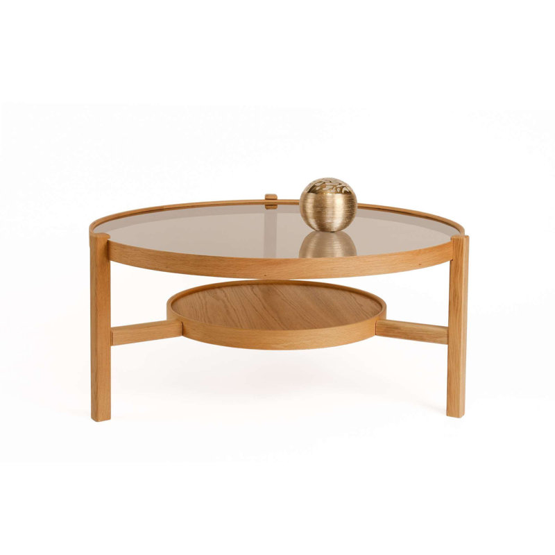 Table basse moderne Cloutier avec base 100% bois massif et plateau 100% verre trempé, 39,4 pouces de diamètre x 18,9 pouces de hauteur | Design scandinave au fini chêne élégant | Durable et élégant pour le salon et les salons