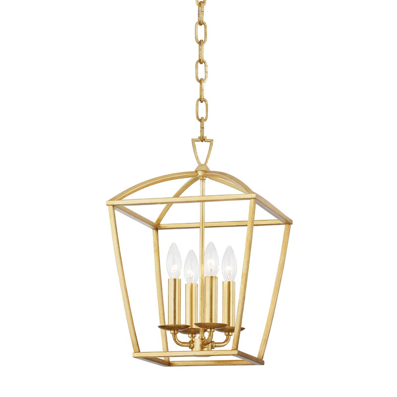 Lustre de style lanterne à 4 lumières Brodie, Feuille d’or, H 71,5 po x l 12 po x P 12 po