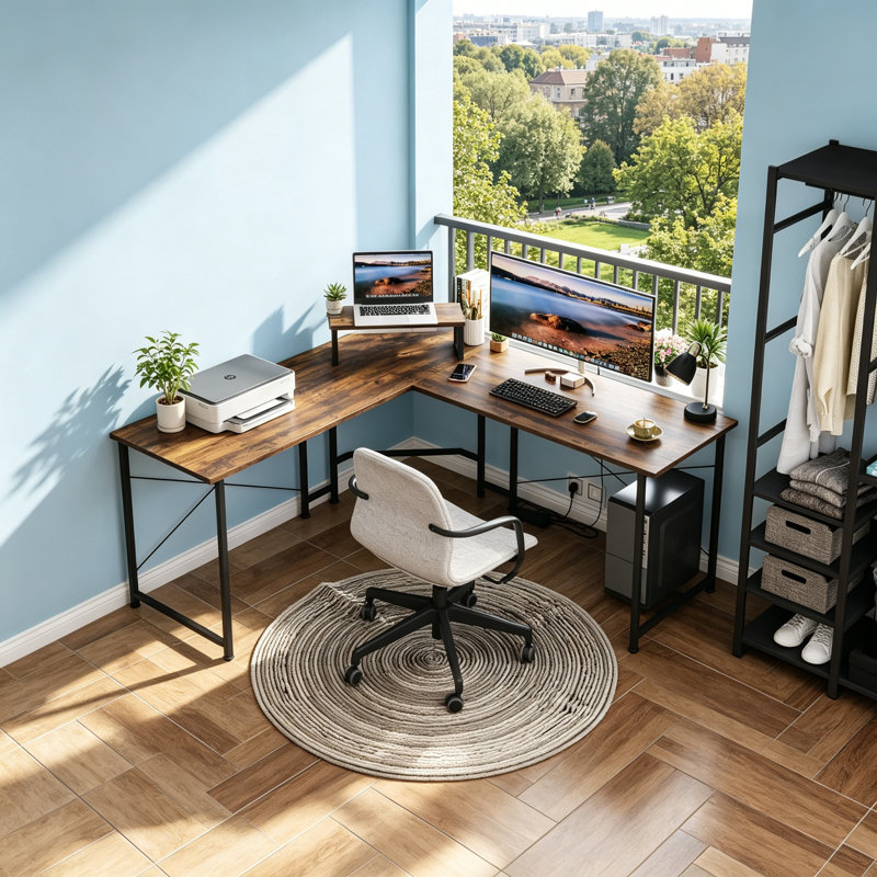 L-Shaped Metal Base Computer Desk, Brown