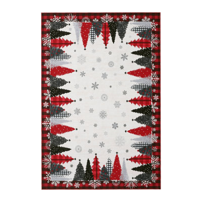 Tapis rouge de Noël 4 pi 6 pi - motif flocons de neige et arbre, tapis de vacances antidérapant doux à faible épaisseur pour salon, chambre à coucher, cuisine, bureau - États-Unis