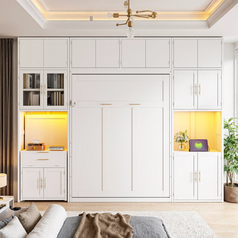 Lit escamotable Dormal double avec bureau coulissant, armoire, station de recharge et éclairage DEL, Blanc