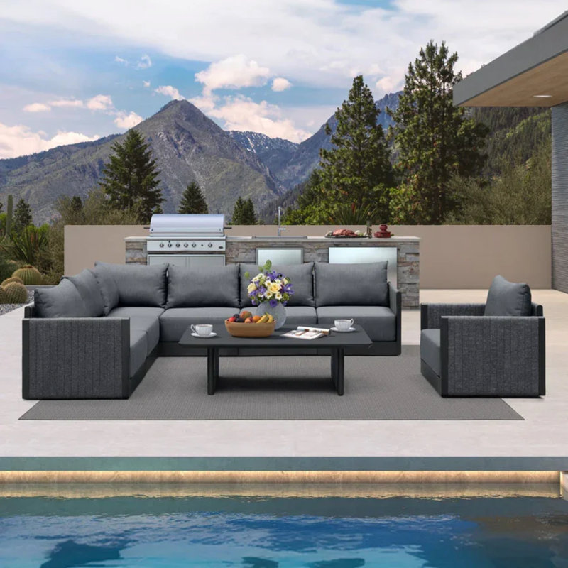  Modern Aluminum Patio Furniture Set Gray, L-shaped Outdoor Modular Sofa with Thick Cushions and Aluminum Table, a modern outdoor leisure set suitable for patios, porches, poolsides, and terraces.