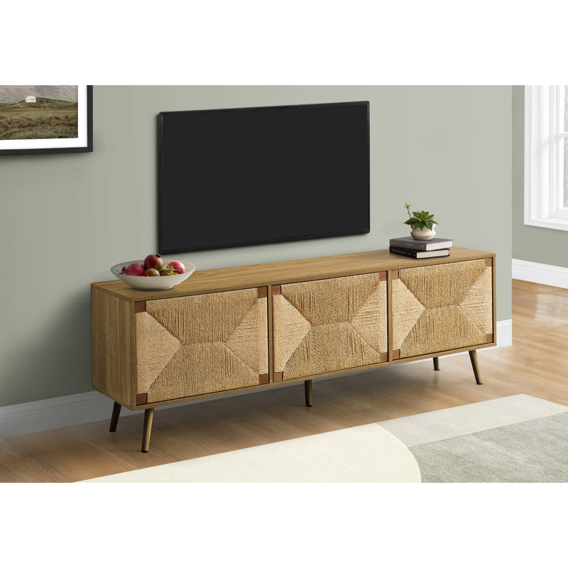 Tv Stand, 72 Inch, Media Entertainment Center, Storage Cabinet, Console, Walnut Laminate, Natural Seagrass, Mid Century, Modern