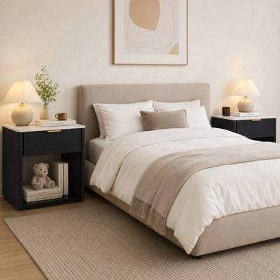 Set of 2 Modern Fluted Nightstands, 1 Drawer Open Storage Shelf Bedside Tables, Faux Marble Top Side End Tables with Gold Aluminum Handles, Ribbed Bedroom Night Stands