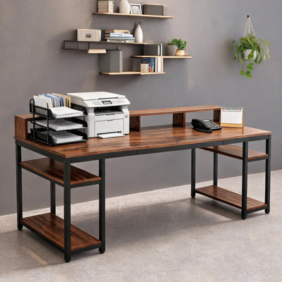 Warm brown double computer desk with storage shelves, steel frame, 78.8 inch rectangular work table for two