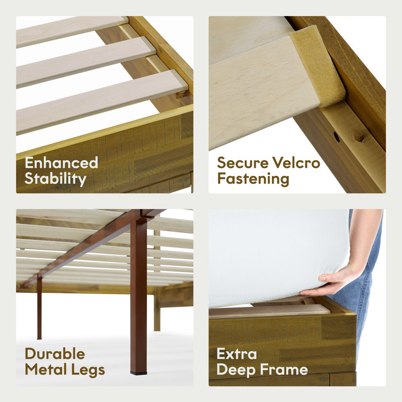 Ethan Solid Wood Platform Bed with Headboard, Rustic Bed Frame, Rustic Brown, Queen