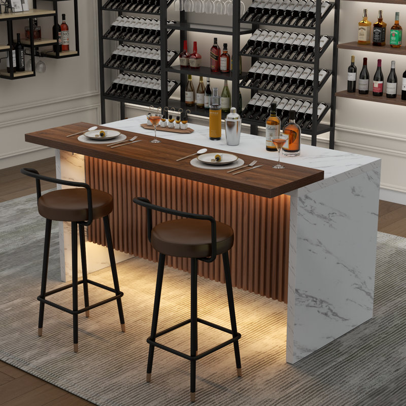 Large Imitation Bar Table,island Table With Led Lights,63"mordern Marble Stripes Freestanding Mini Bar With Grille Design,home Bar Unit For Home