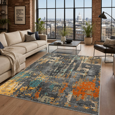 Netline Home Tiled Border Mid Grey Heritage Washable Rug