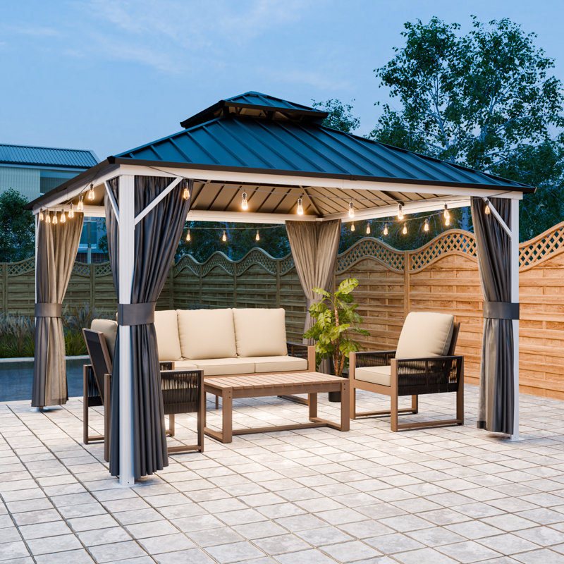 12 x 12 FT Hardtop Aluminum Gazebo with Double-Layer Steel Roof, Outdoor Patio Gazebo with Mosquito Netting, Privacy Curtains & Ceiling Hooks