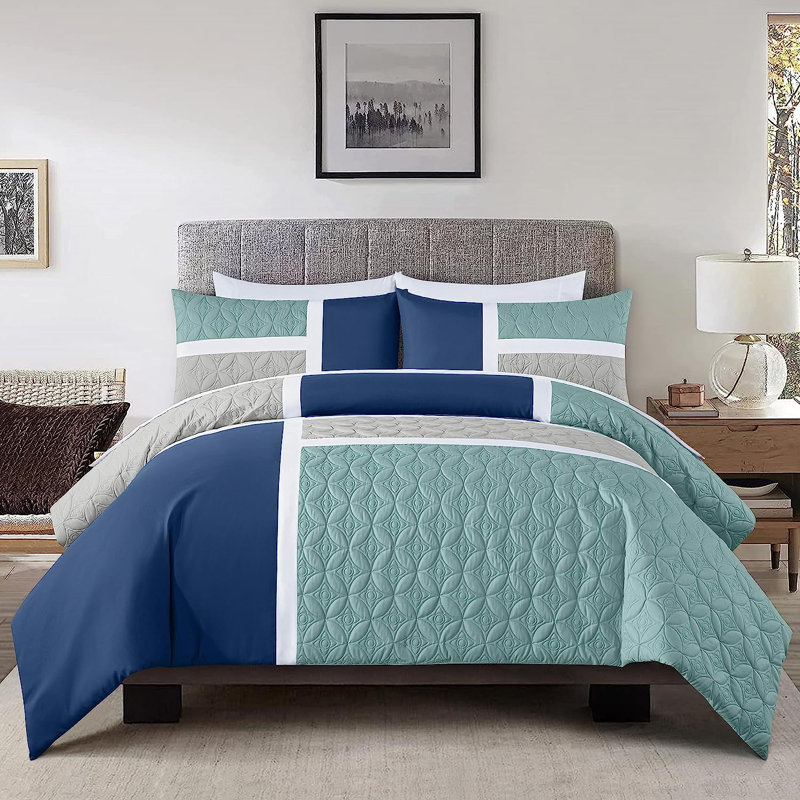 7-Piece Patchwork Bed in a Bag Comforter Set with Sheets, California King Comforter + 6 Additional Pieces, Navy/Aqua/Gray