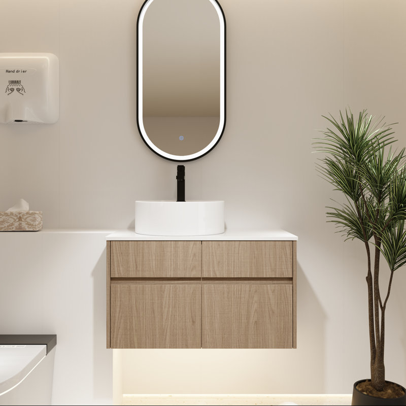 Meuble-lavabo mural 32 po avec tiroir à fermeture en douceur et lavabo en céramique, Noyer fumé
