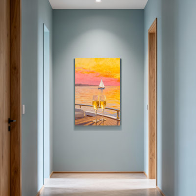 Paysage, nature, coucher de soleil, voilier, champagne, lunettes, horizon, eau sur toile, bateau