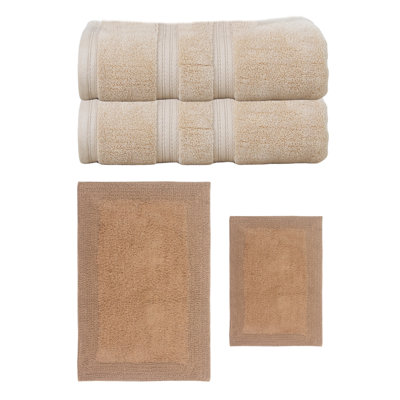 Buariki Collection 100% Soft Cotton 2 Pc Bath Towel Set & 2 Pc Bath Rug Set, (Set of 4) Reversible