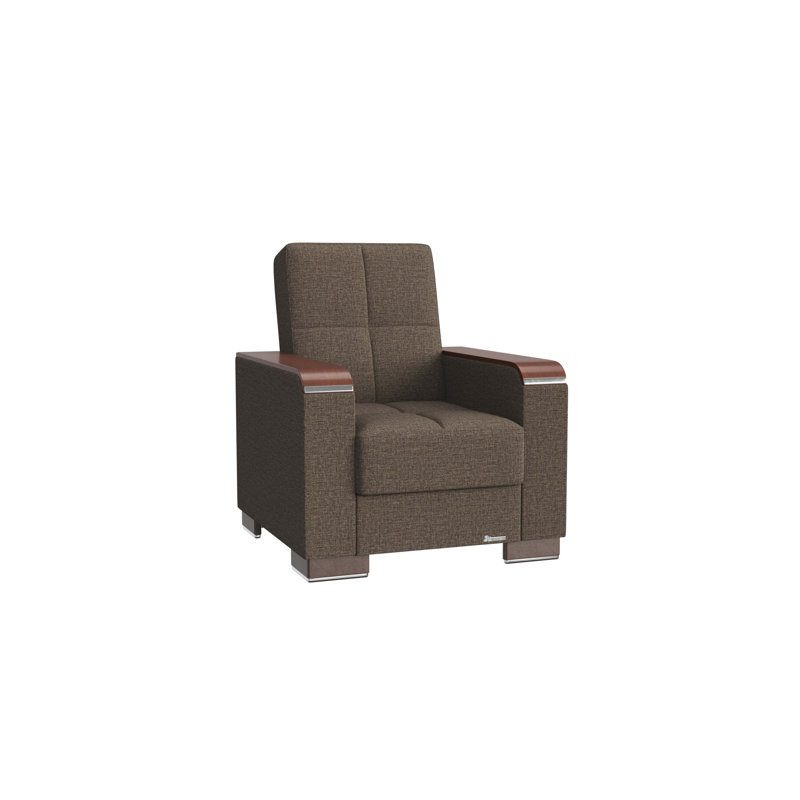 Upholstered Convertible Wood Trimmed Armchair With Storage, Polyester, Brown