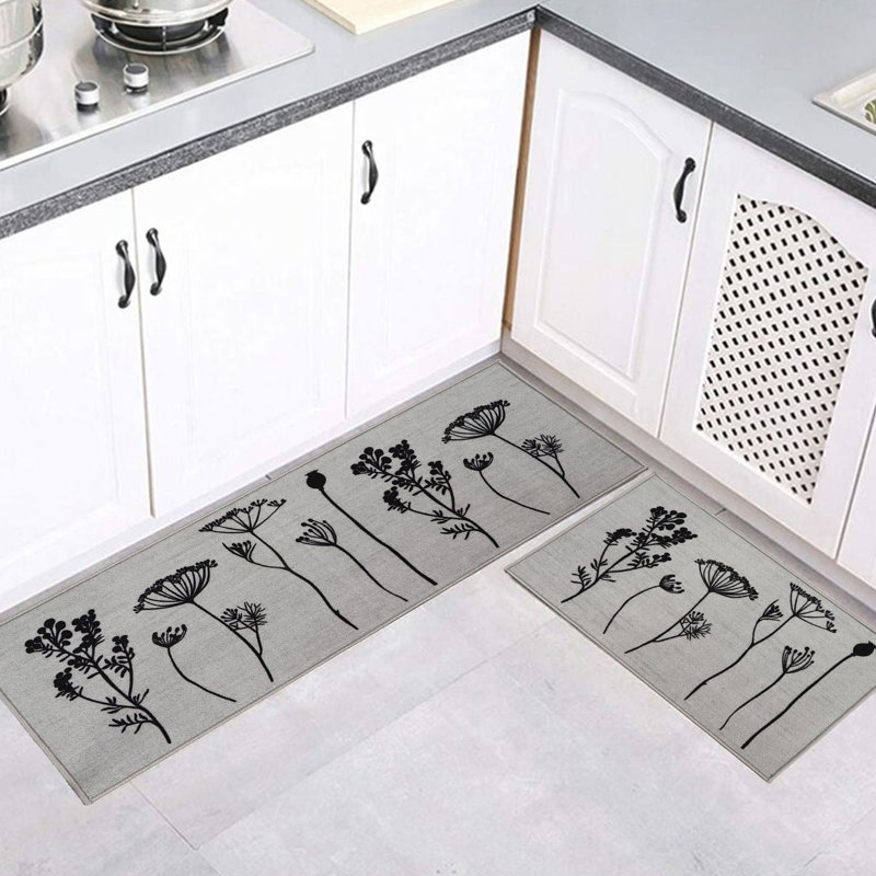 Wildflowers Non Skid Kitchen Mats Runner & Comfort Mat (2 Pieces), Gray/Black