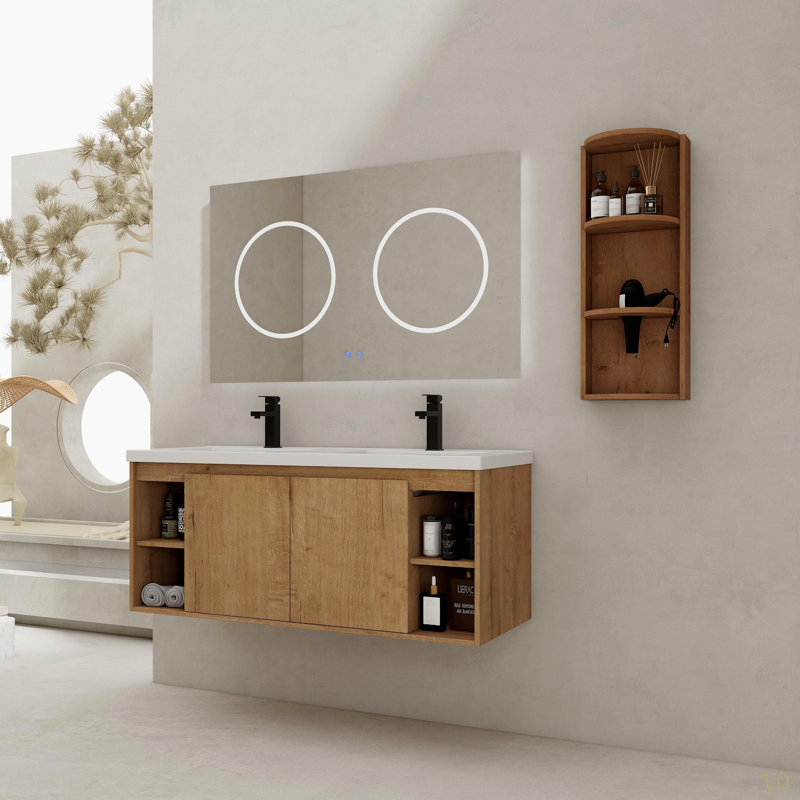 Meuble-lavabo mural 48 po avec double lavabo et support de rangement, portes à fermeture douce, armoire combinée (KD-Packing)