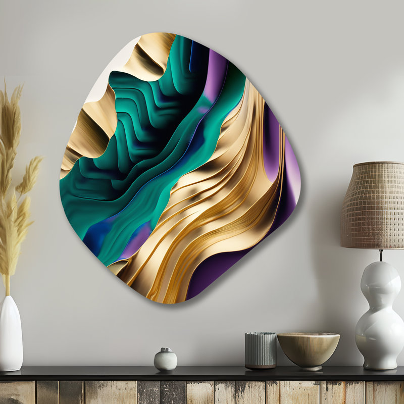 Mauve, vert et or, "Bold Strokes III", art mural abstrait en forme de métal, impression asymétrique mauve en métal