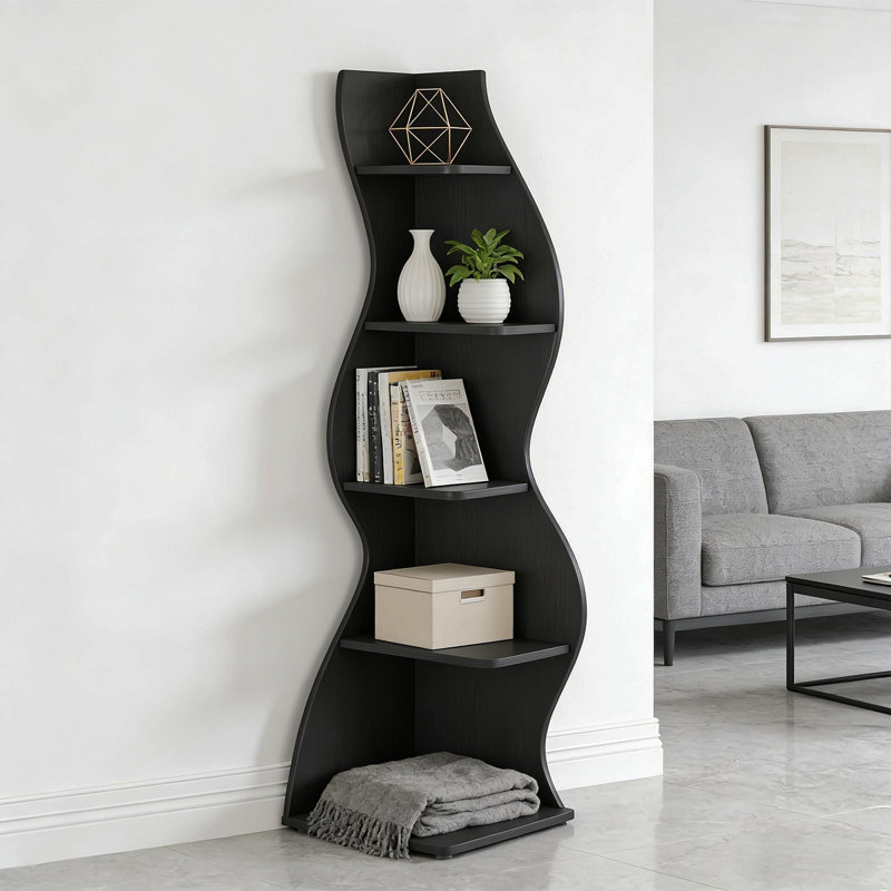 Vintage Wall Corner Bookcase,5-Tier Bookcase,Corner Shelf, Black