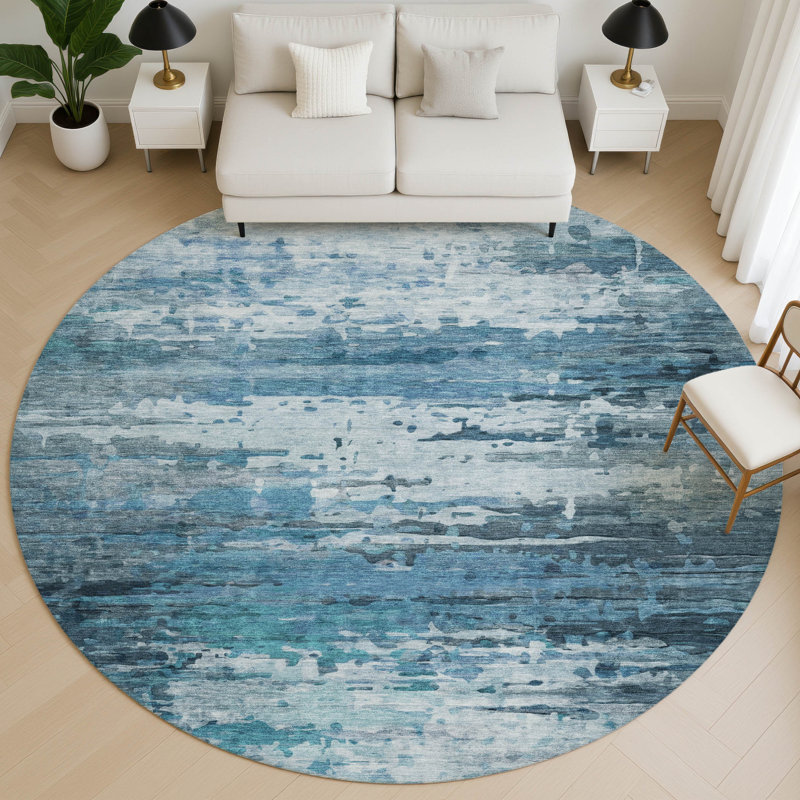 Premium Machine Washable Mayfield AMF2034 Abstract Rug, Blue, 8' Round