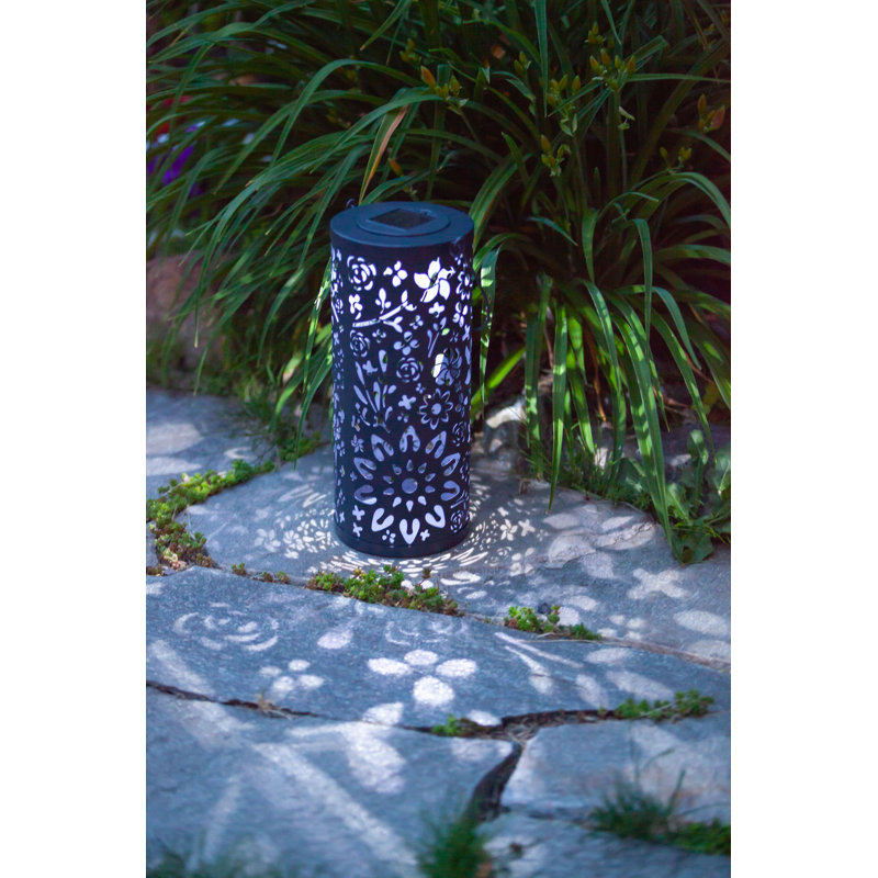 Midnight Blue Floral Punched Metal Solar Lantern