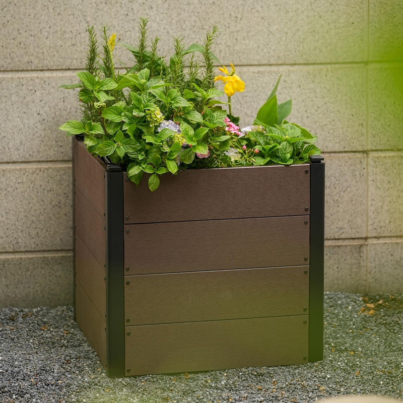 19-48" Wood Look Elevated Garden Bed, Composite Planter Box for Vegetables & Herbs, Patio, 23.6" H x 25.2" W x 25.2" D