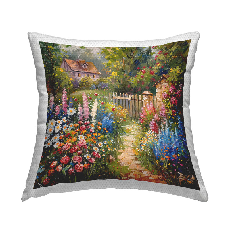 Coussin d'extérieur imprimé Stupell Industries Blooming Spring Cottage par LSR Design Studio