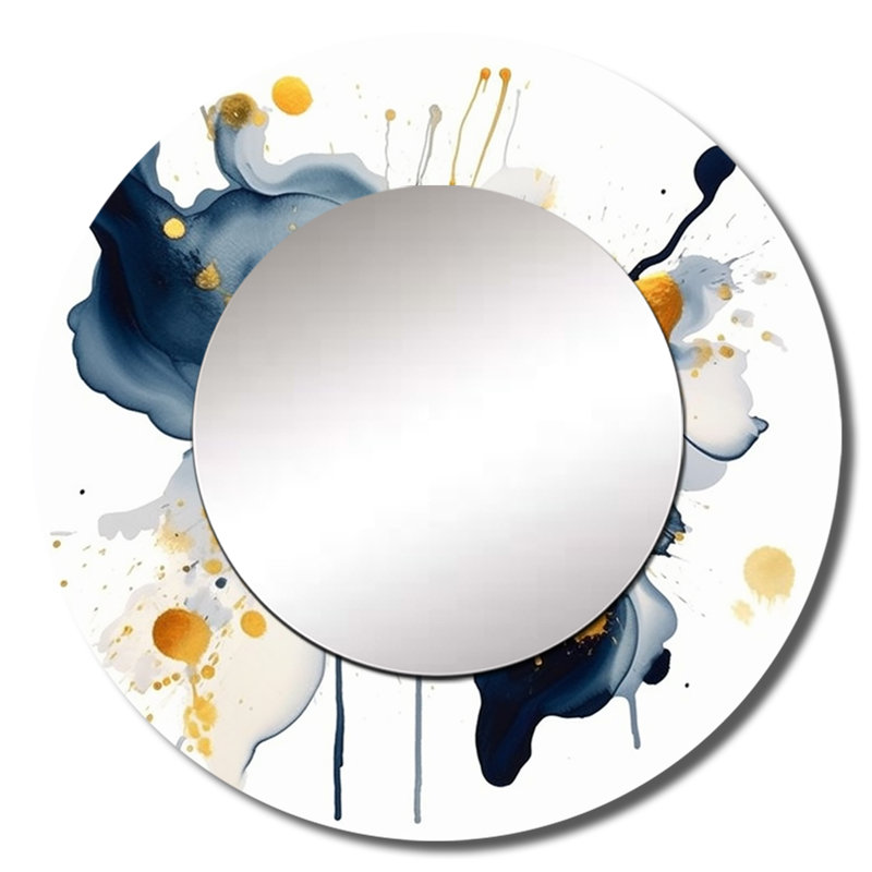 Dark Blue and Gold Strokes XXII - Fractals Mirror, Blue Round Unique Wall Mirror, Printed Metal Art, 29" x 29"