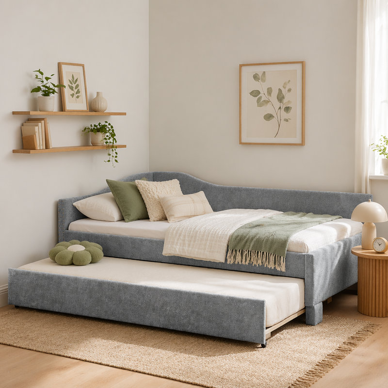 Lit de jour en chenille avec couchette coulissante et port USB, Twin, Grey