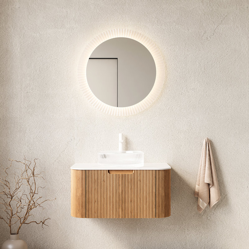 Meuble-lavabo de 76 cm avec lavabo rond transparent, armoire suspendue de couleur naturelle, tiroir à rayures 3D, préassemblé, système de fermeture amortie, grand espace de rangement, structure en contreplaqué, design moderne en verre et en bois