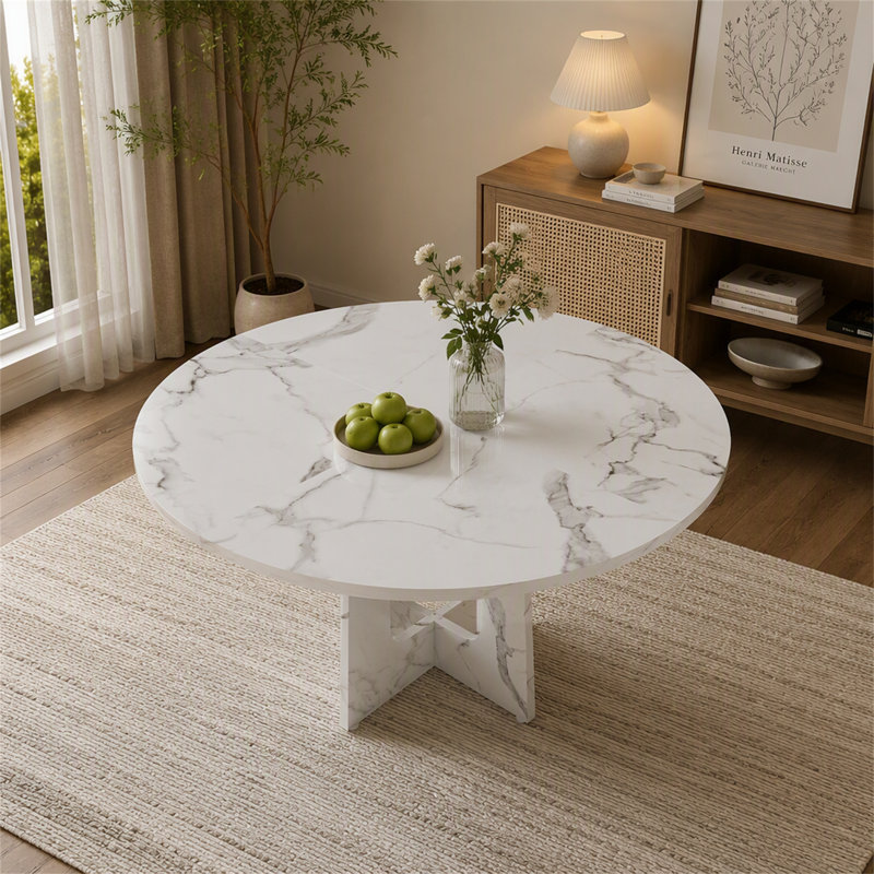Table de salle à manger de 47,24 po pour 4 personnes - Table de ferme en panneau de fibres à densité moyenne au fini marbre blanc, capacité de 300 lb, facile à assembler pour la cuisine / salle à manger - Table moderne épicée