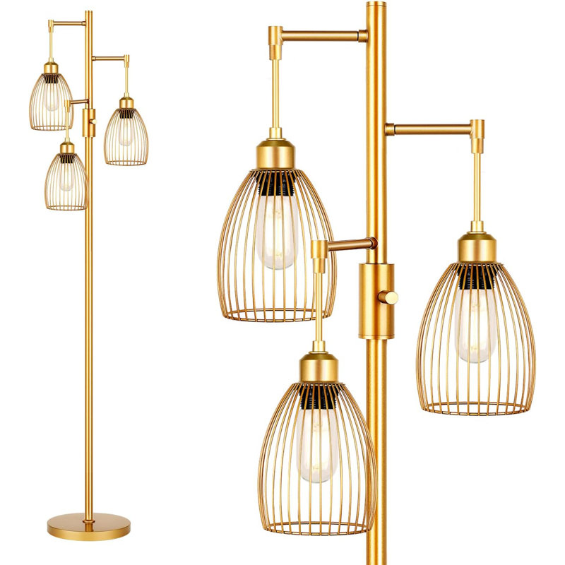Gold Adjustable 70'' Tall LED Floor Lamp with Cage Shades